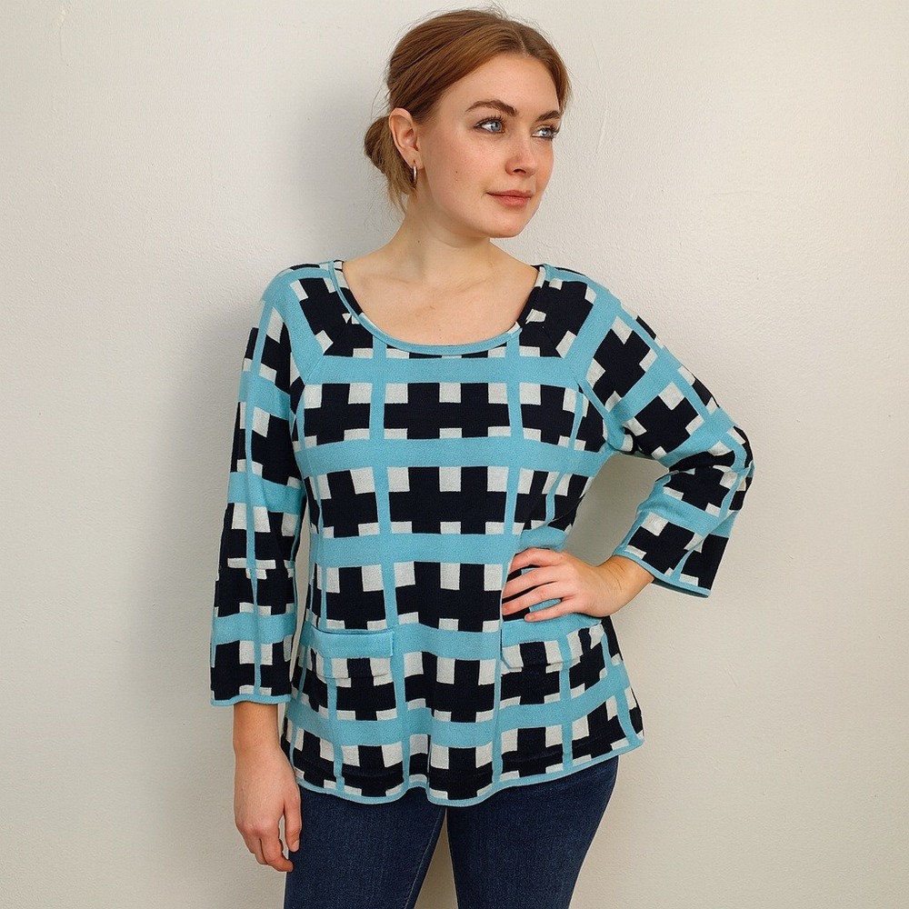Anthropologie Moth Plaid Swing‎ Sweater Womens Medium Blue 3/4 Bell Sleeves Boho